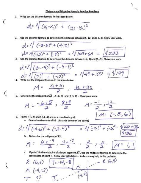1.3 midpoint and distance formula worksheet answers